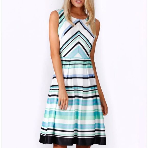 BRAND NEW DANNY AND NICOLE SPEARMINT MULTI STRIPE A-LINE DRESS - Picture 1 of 15